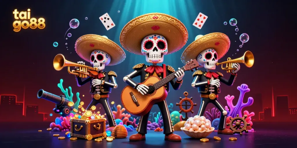 Win big with tai go88 in a vibrant casino scene filled with joyful skeleton musicians and treasure!
