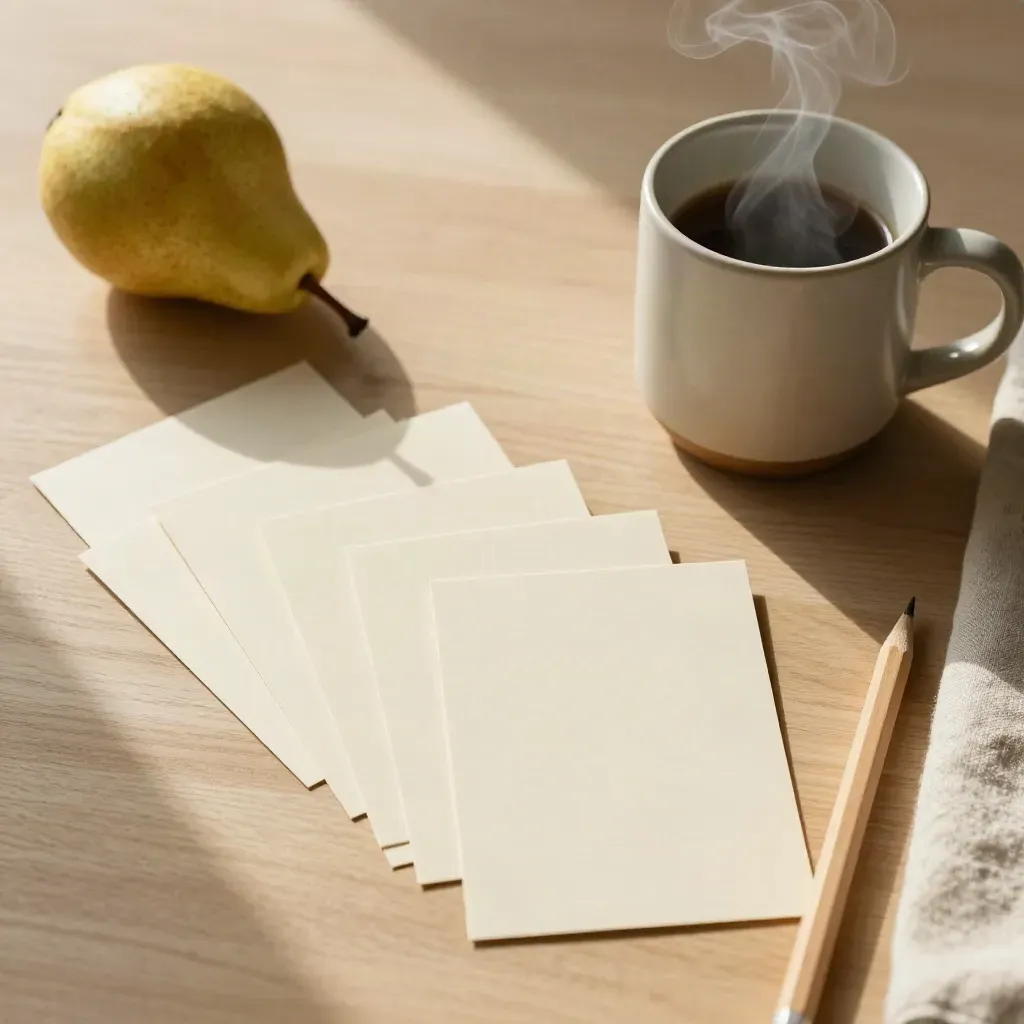 Bovenaanzicht van zeven reflectiekaartjes, een mok, peer, servet en potlood op een ontbijttafel.