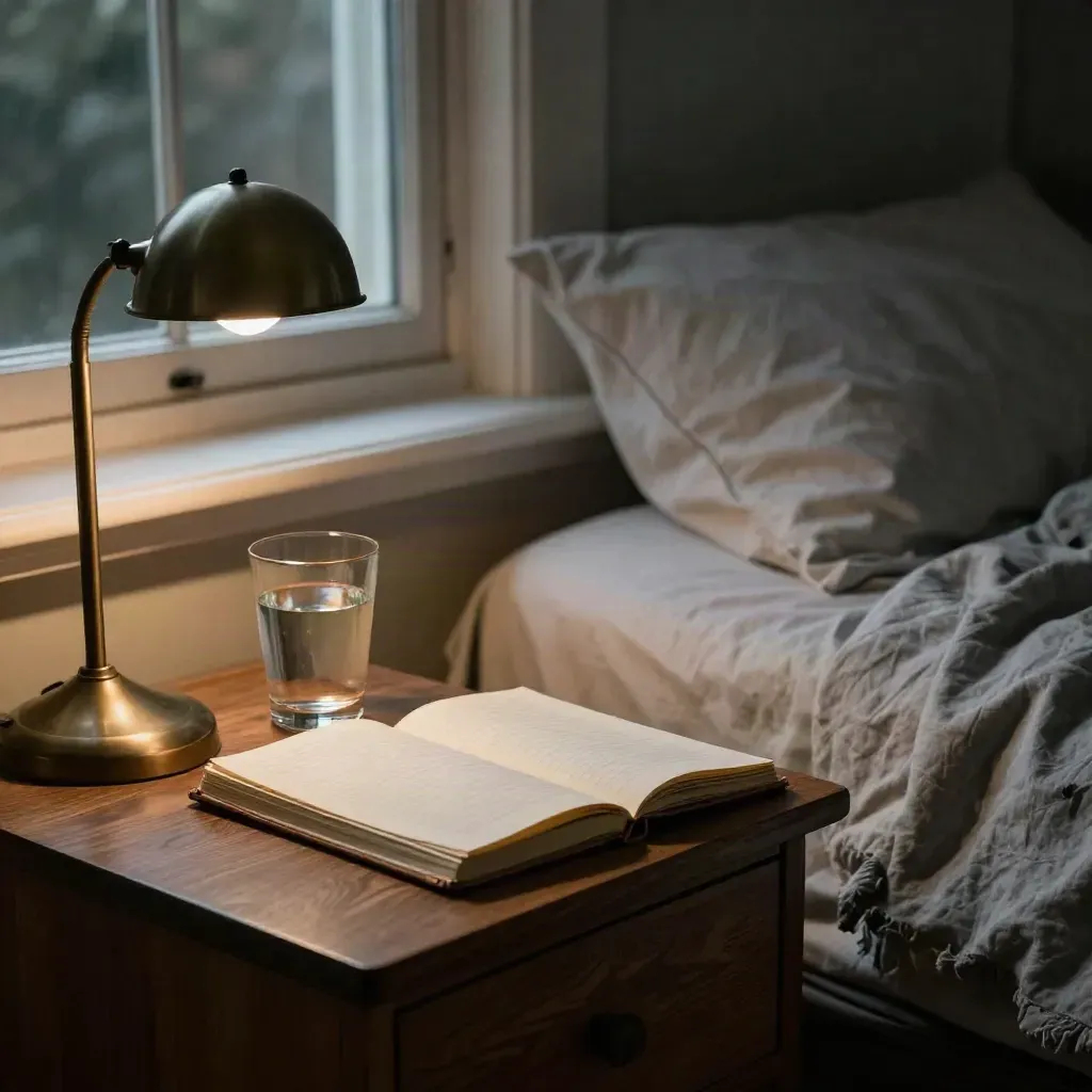 Bedside tafel met lamp, glas water, gesloten notitieboek en gekreukte deken bij donker raam.