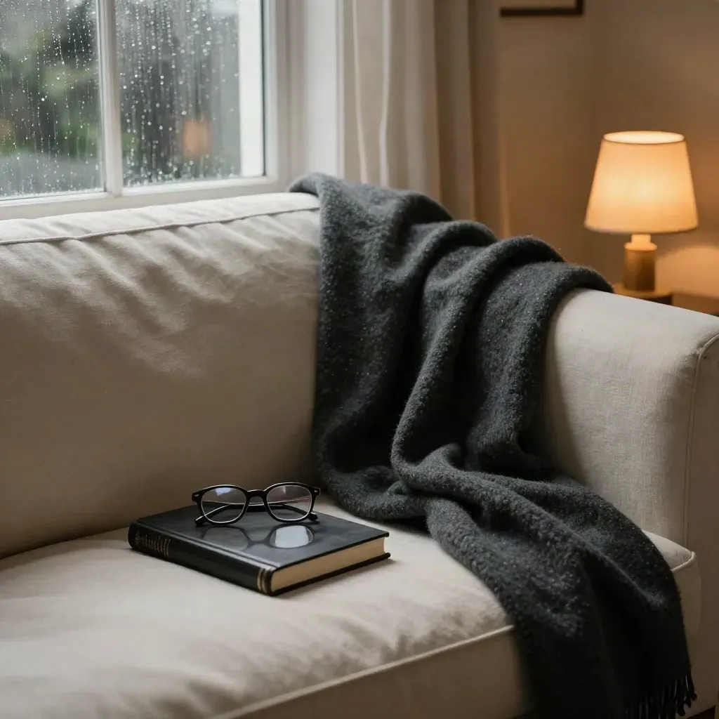 Hoek van een bank met gesloten journal, bril, plaid en lamp bij regen op het raam.