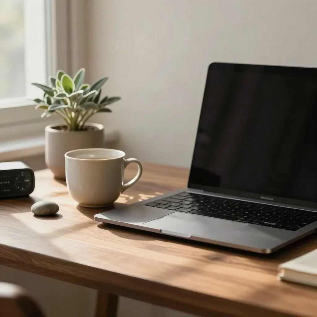 Rustig thuiskantoor met gesloten laptop, kopje, plant en timer in zacht raamlicht.