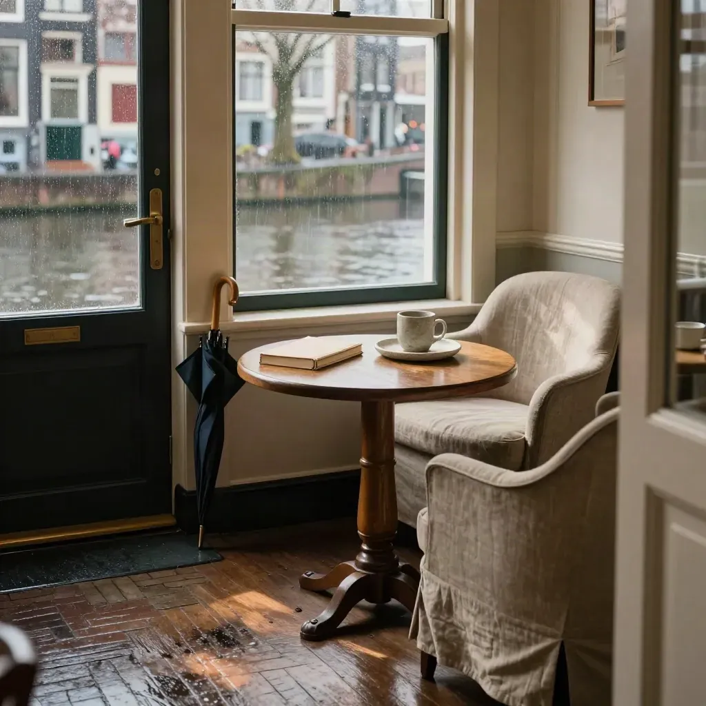 Canal-side coachingruimte in Amsterdam met twee linnen stoelen, ronde tafel en regen op het raam.