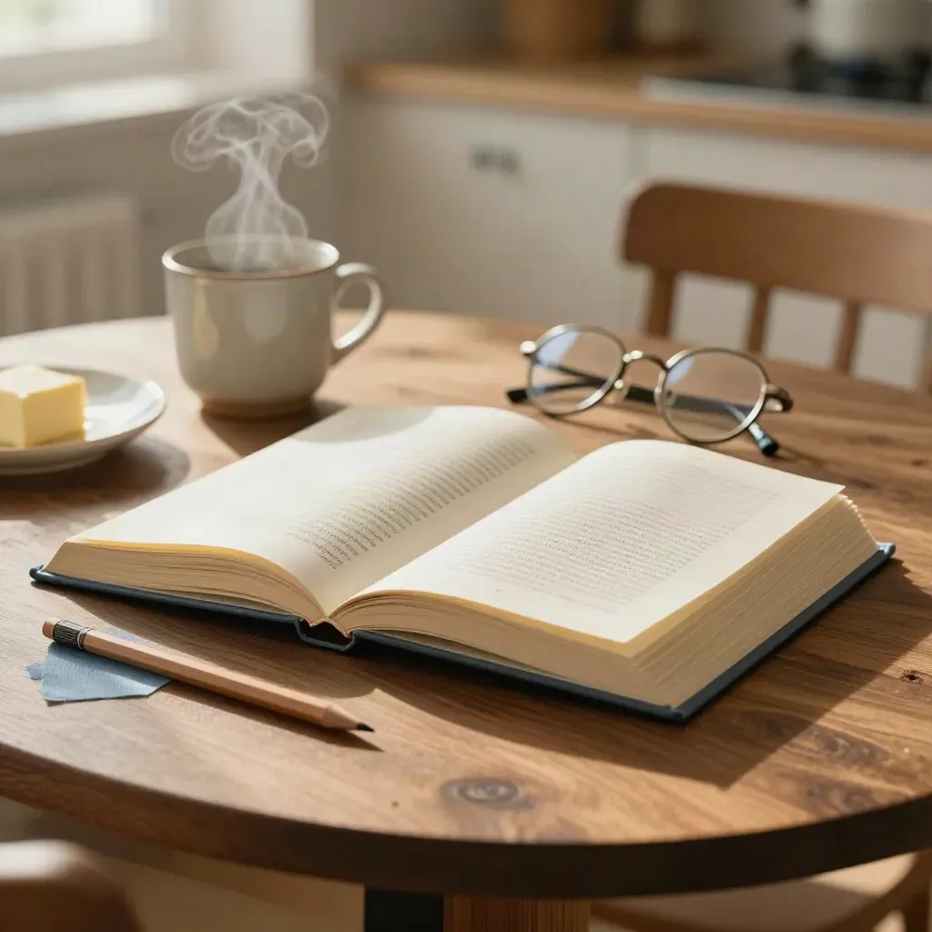 Open werkboek op ontbijttafel met mok, bril en potlood in zacht ochtendlicht.