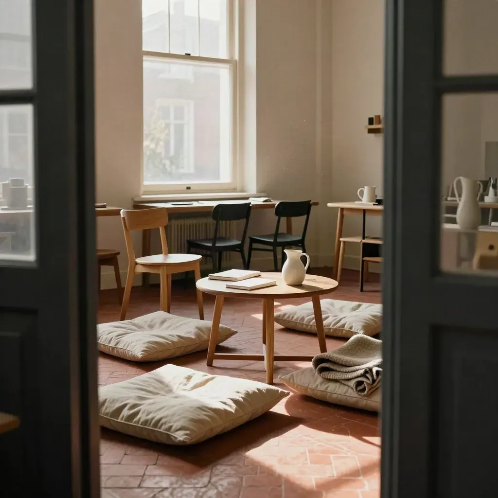 Workshopruimte in Utrecht met stoelen in kring, kussens en notebooks in zacht namiddaglicht.
