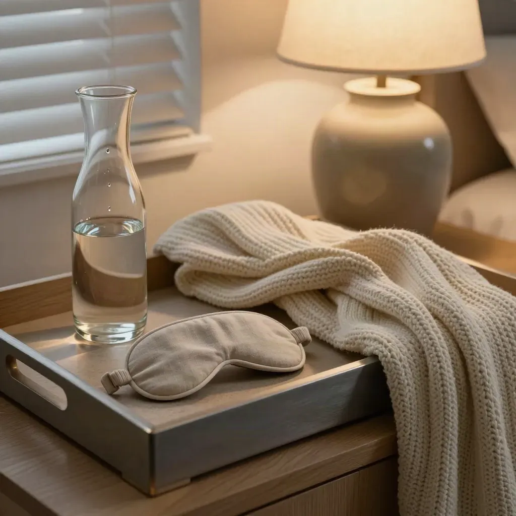 Bedside tray met karaf, slaapmasker, plaid en lamp naast gesloten jaloezieën