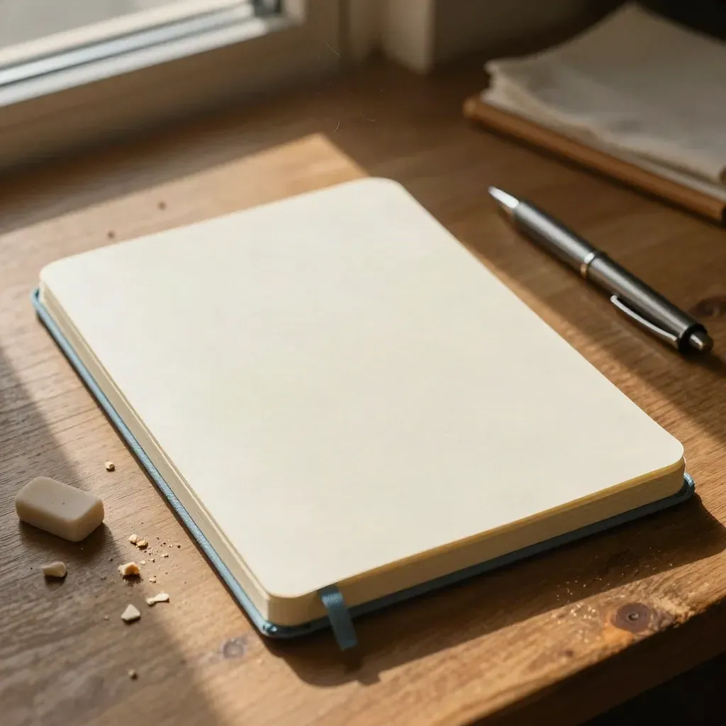 Bovenaanzicht van een leeg notitieboek op een houten bureau met gumkruimels en een pen.
