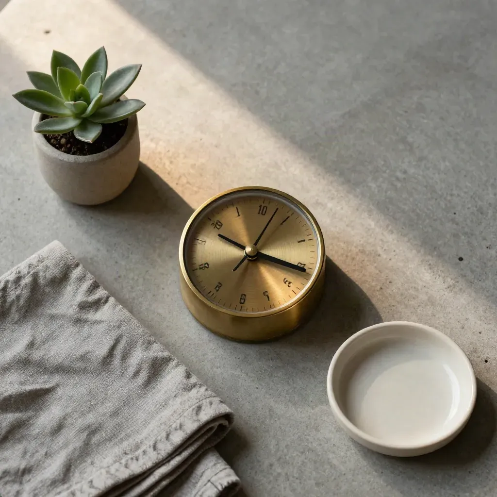 Brass timer met plantje, doek en schaaltje op betonnen ondergrond.