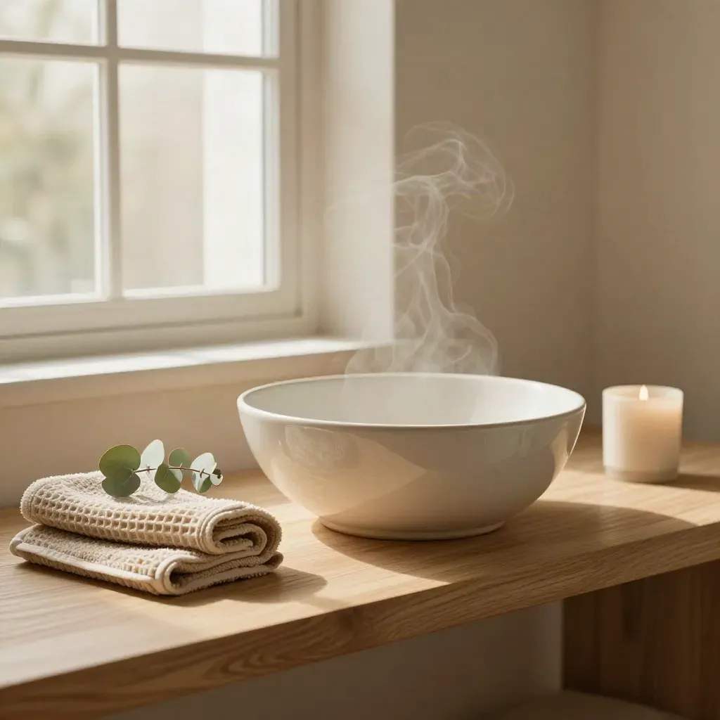 Keramische badschaal met handdoek, eucalyptus en kaars op een lichte plank.