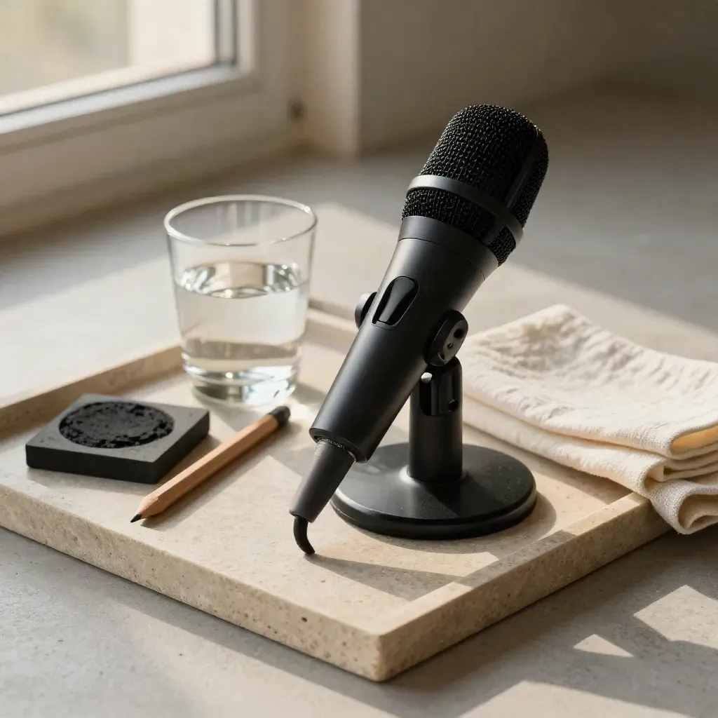 Mat zwarte microfoon met potlood, steen en waterglas op een neutrale tray