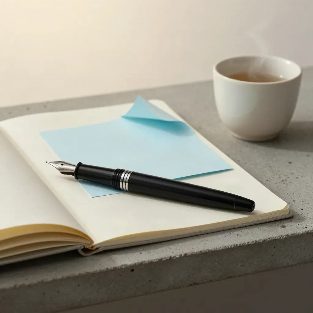 Platliggende pen, gesloten journal, blauw blotterpapier en creamkleurig kopje op beton.