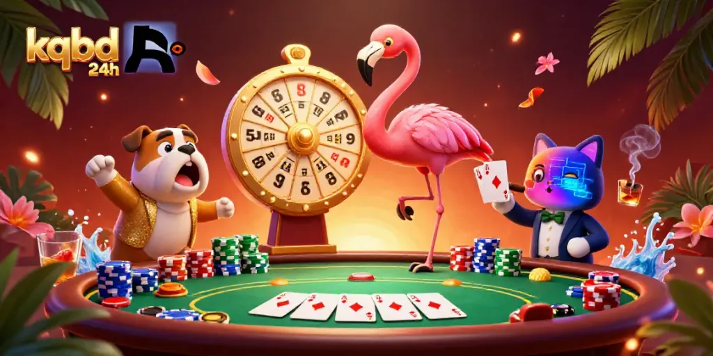 Engaging kqbd 24h game show scene with a flamingo host and bulldog contestant at a dynamic poker table.