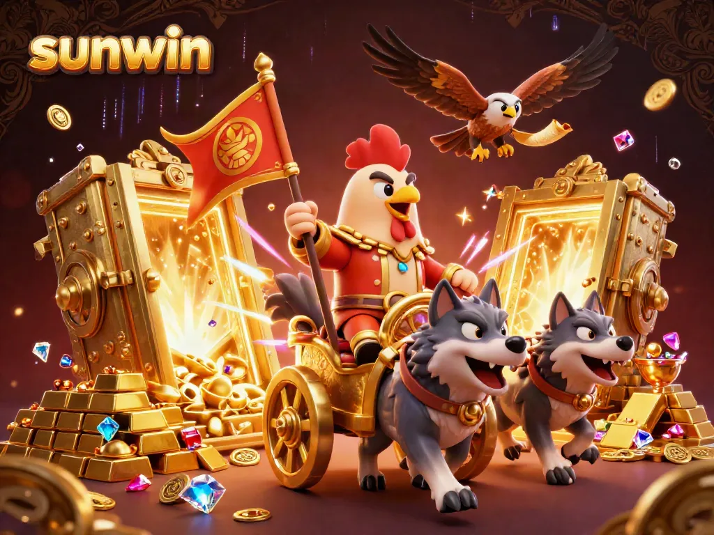 Experience thrilling action with sunwin as a rooster warlord rides a golden chariot in this vibrant gambling scene.