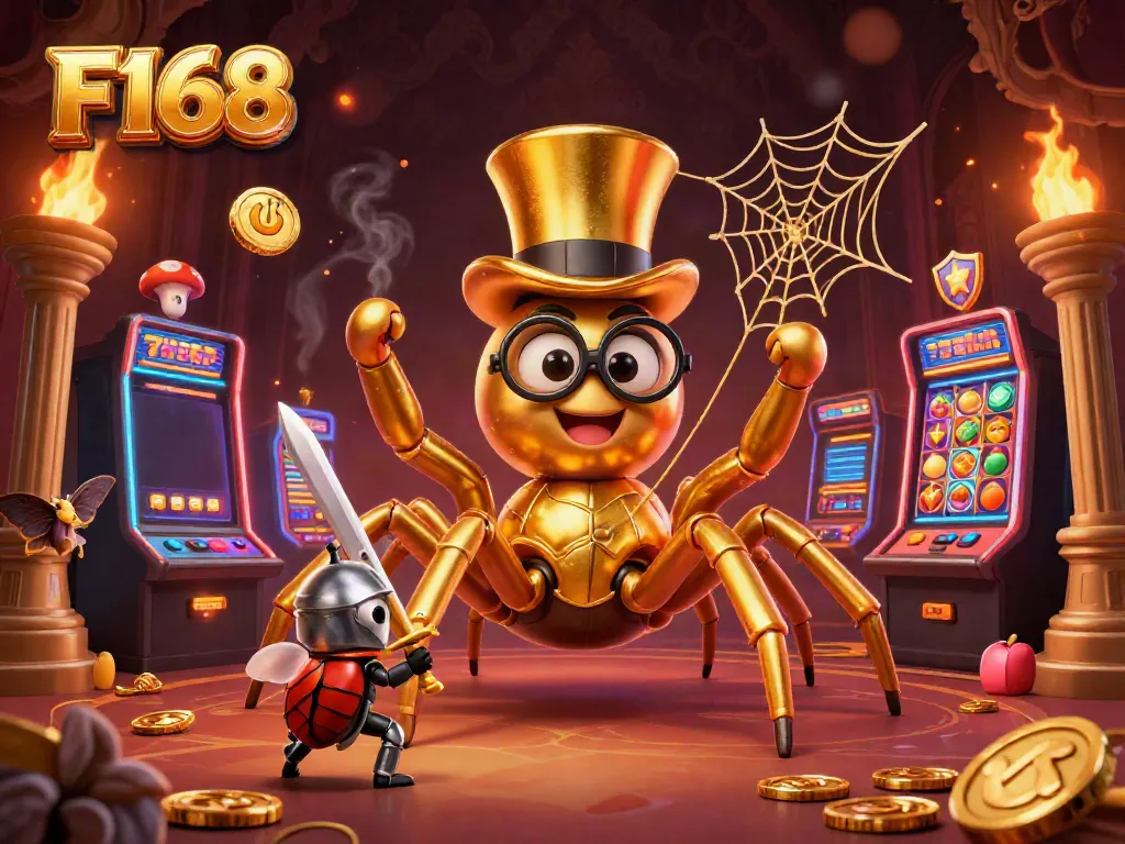 F168 offers thrilling slot action with a golden tarantula and beetle knight in a lively casino scene.