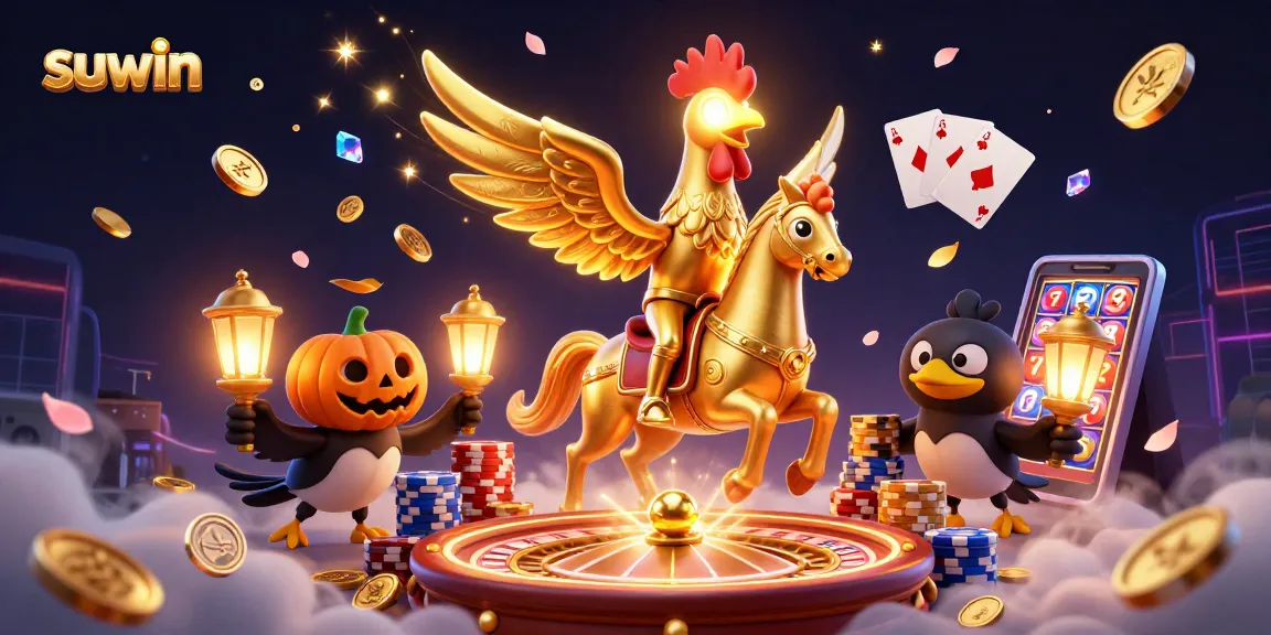 Suwin brings thrilling 3D golden rooster characters to life in a dynamic casino scene, showcasing games and excitement.