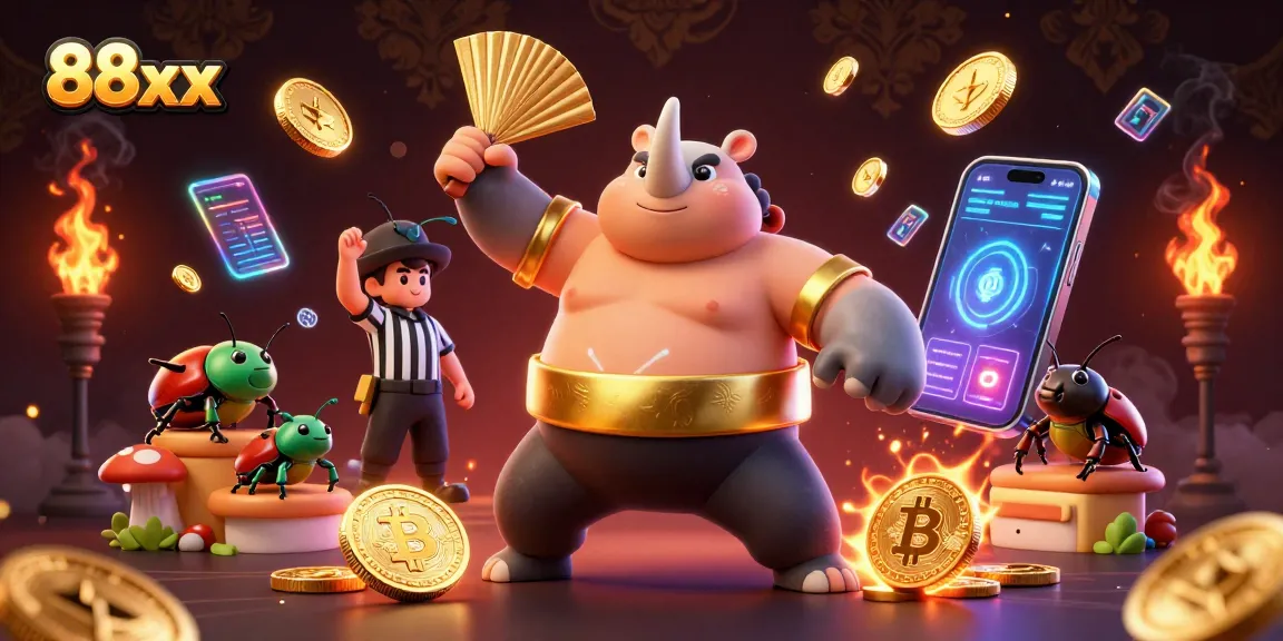 Engage with 88xx through a vibrant casino scene featuring a sumo beetle champion in action.