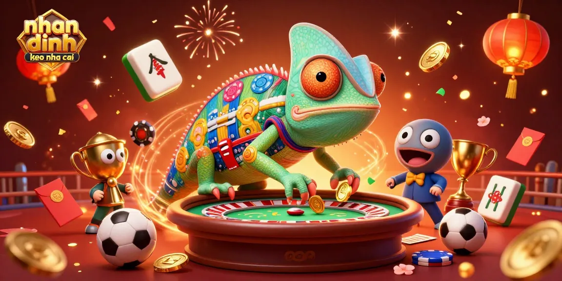 Engaging scene illustrating "nhan dinh keo nha cai" with a chameleon casino owner amidst dynamic betting elements.