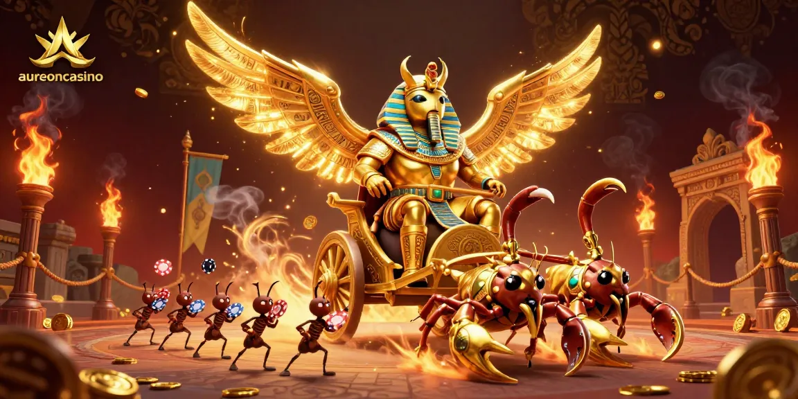 Aureoncasino features a vibrant illustration of a colossal golden scarab beetle among dynamic gaming elements, engaging players.