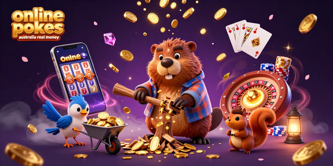 A dynamic illustration showcasing online pokies Australia real money with a beaver, bird, and squirrel amid cascading coins and game elements.